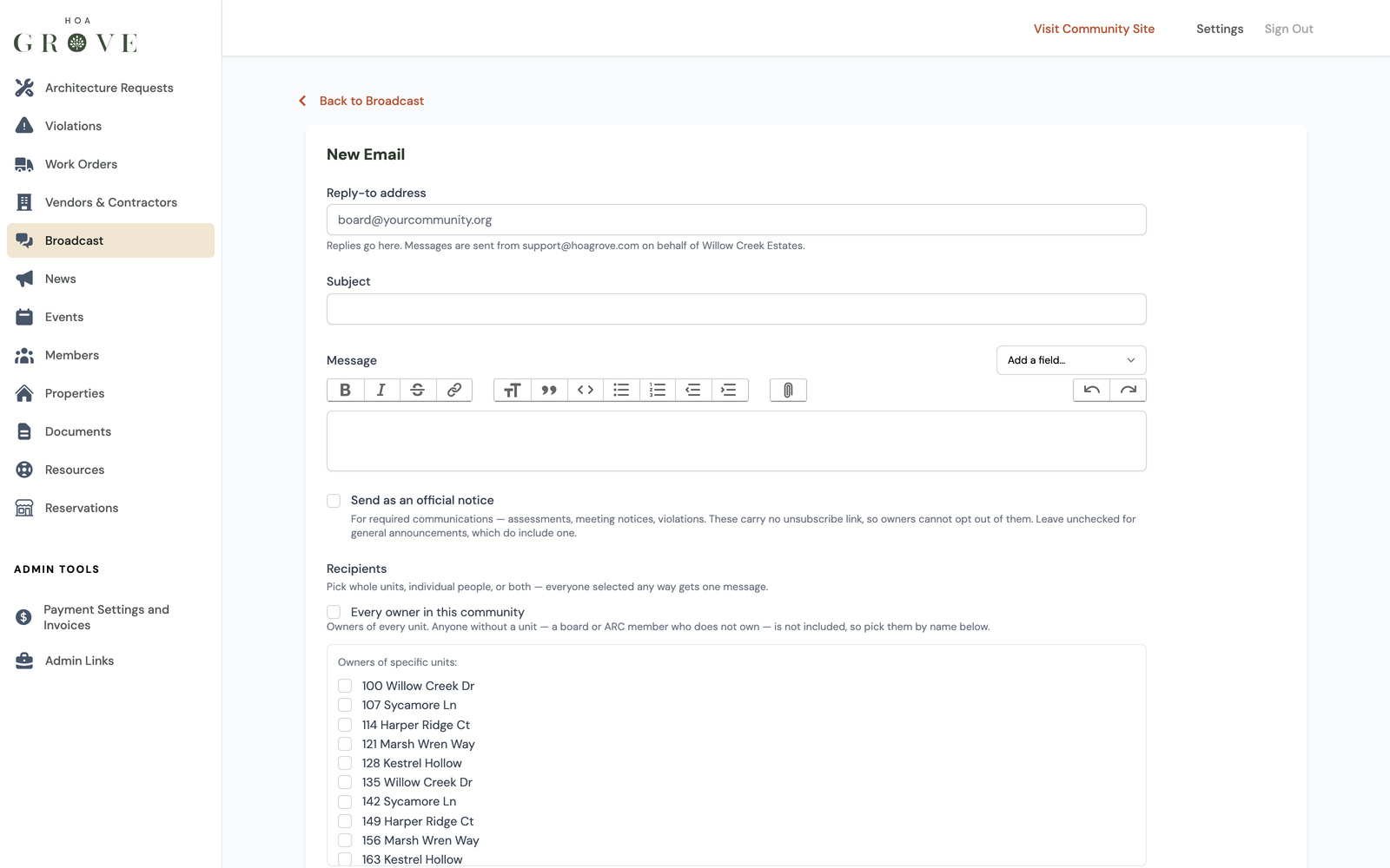 Composing a broadcast with merge fields and a recipient selection