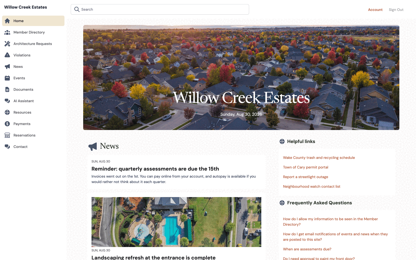 The resident-facing community home page with news and upcoming events