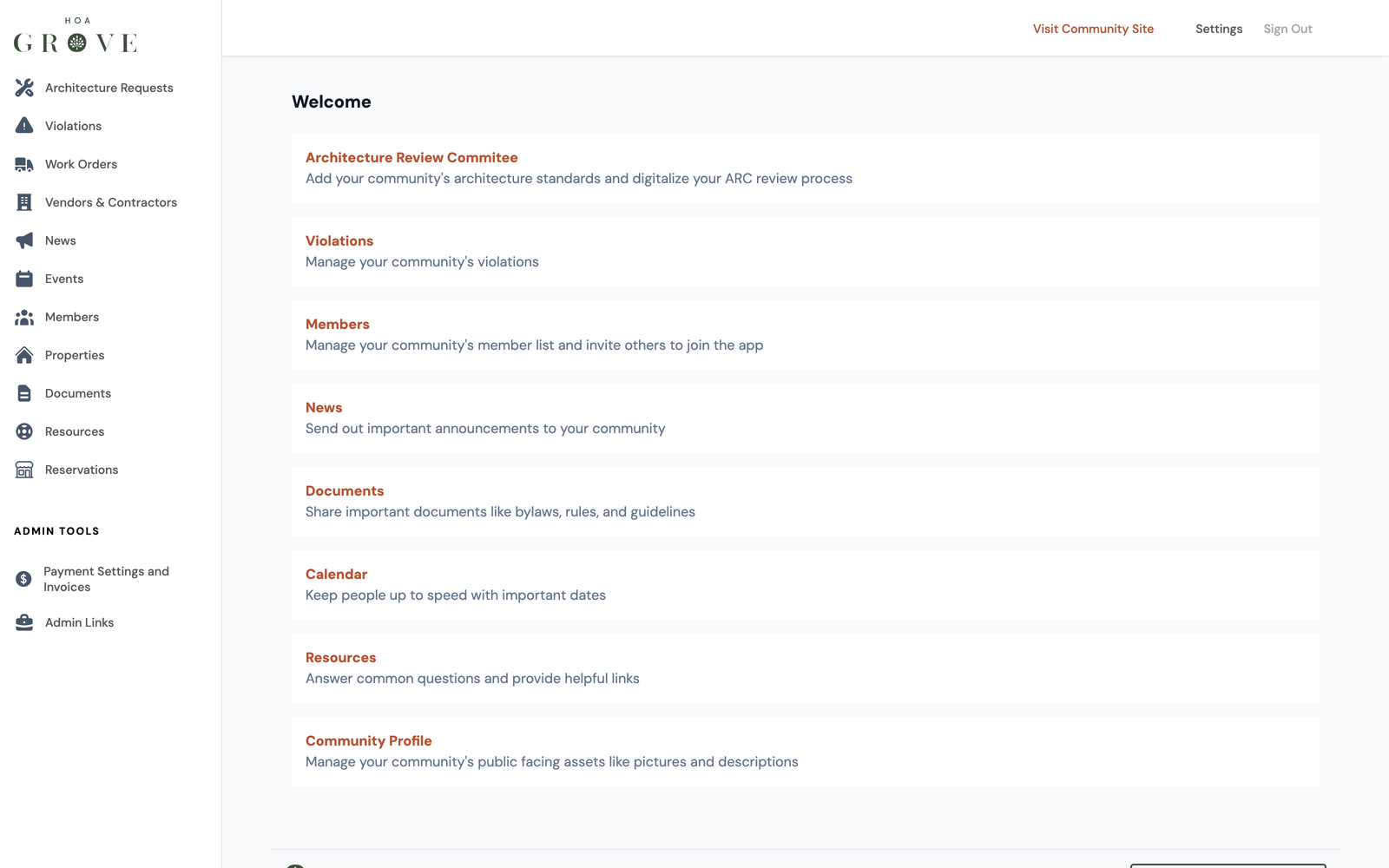 The management dashboard for a single community