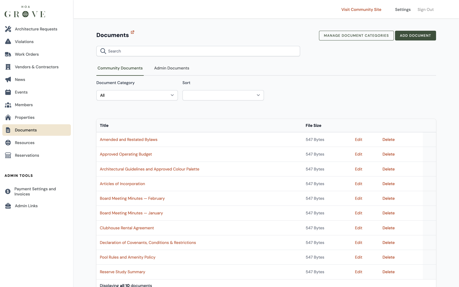 The community document library organized by category