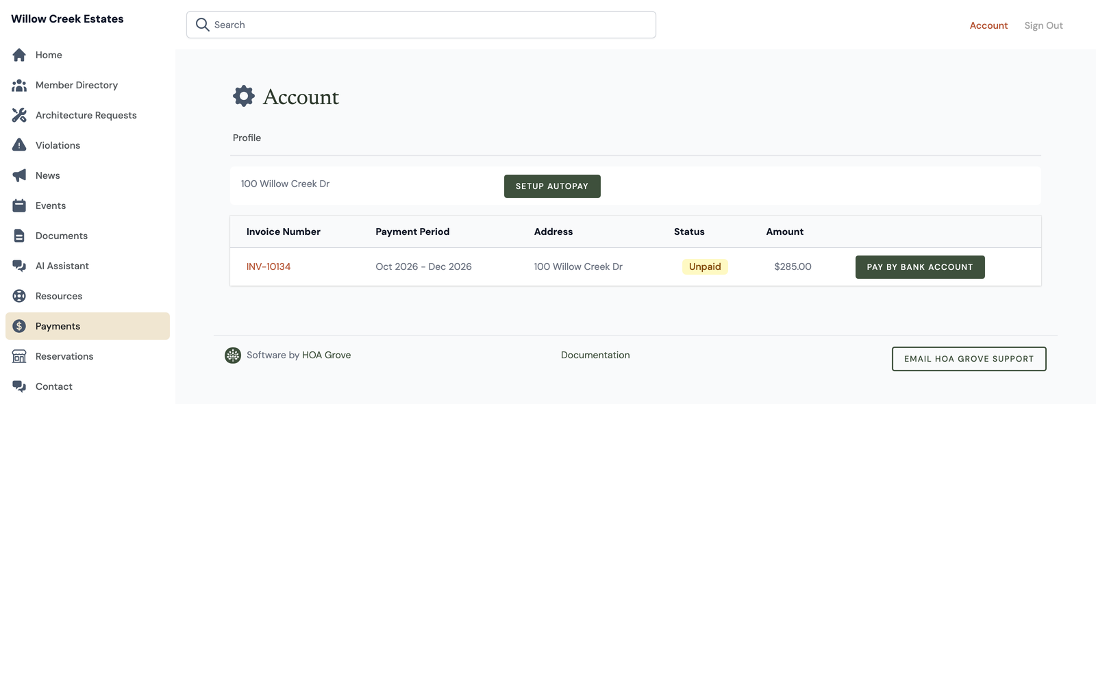A homeowner's own dues page, with their invoice and an option to set up autopay