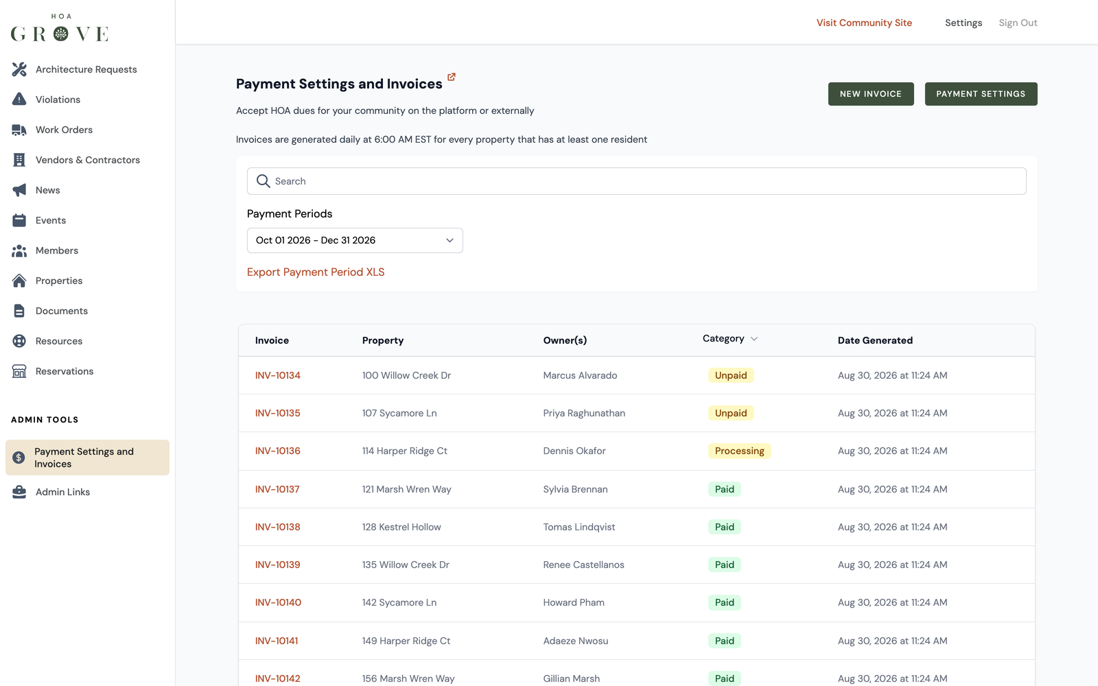 The dues page, showing every property's invoice and payment status for the quarter