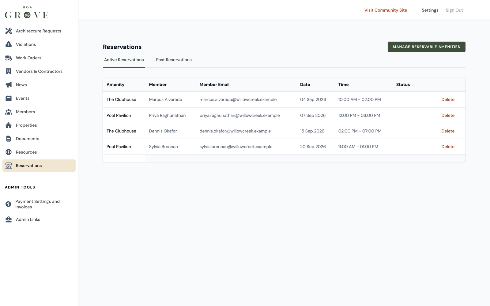 The reservation calendar showing booked amenity time slots
