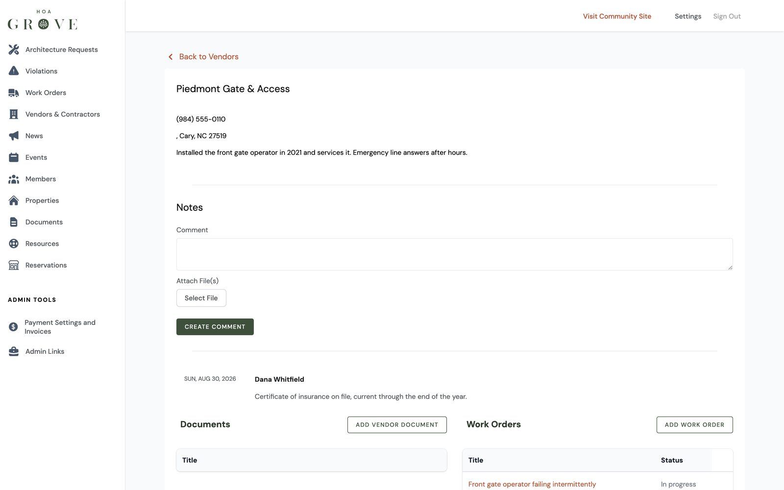 A vendor record with attached documents and comments