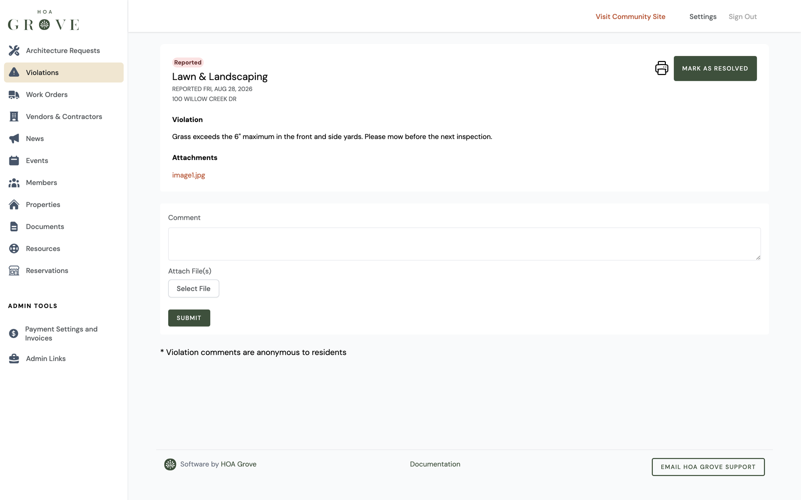 A violation record with attached photos and a comment thread