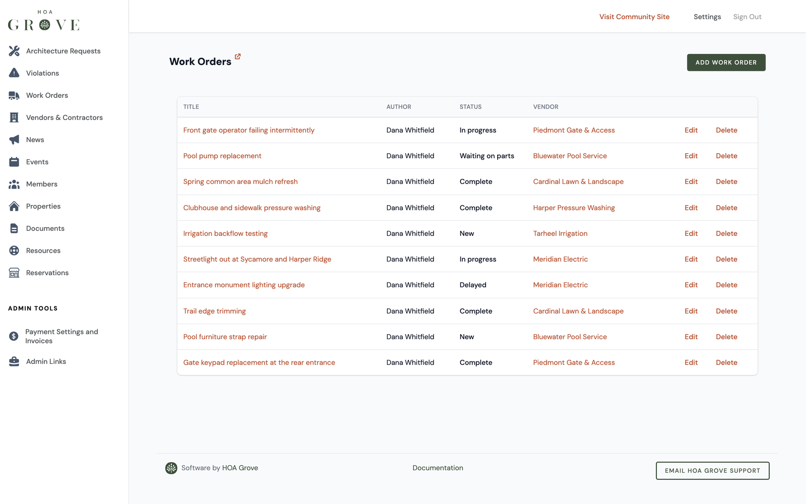 A list of work orders with vendor, status and creation date
